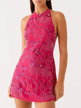 LIZAKOSHT  -  Fashion Print Beading Short Dress For Women Halter Sleeveless Lace Up Backless  Vestidos 2025 Summer Elegant Lady Beach Dresses